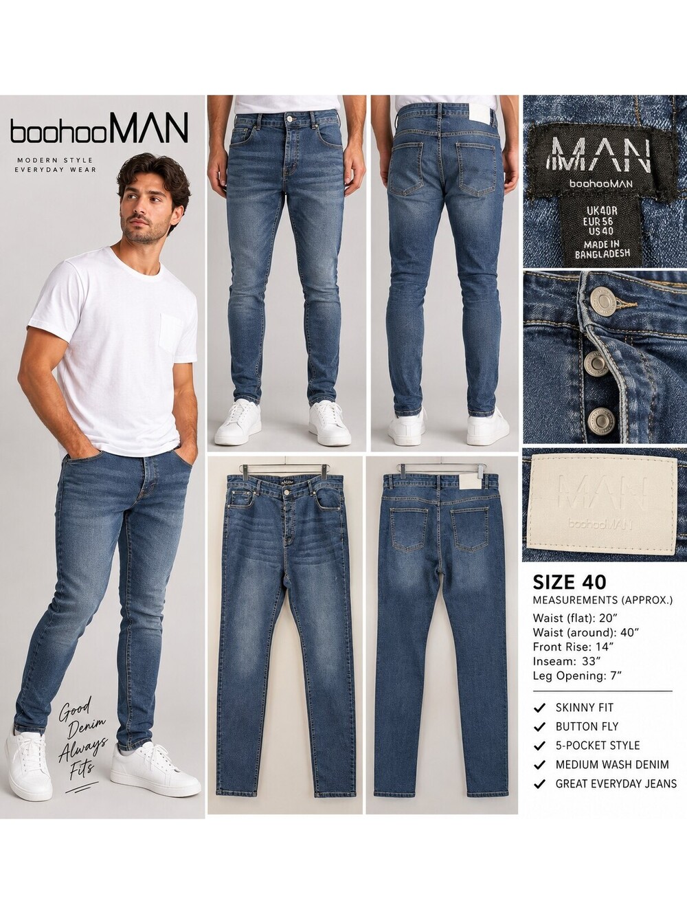 boohooMAN Mens Skinny Fit Jeans 40x33 Blue Stretch Denim Button Fly